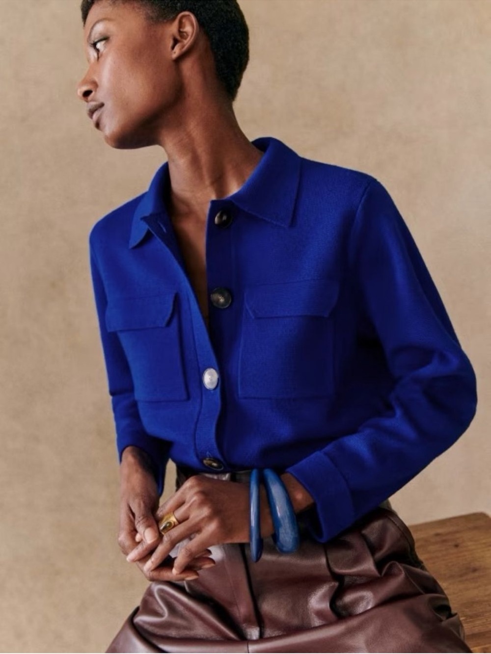 Sezane Betty Sweater Cardigan Collared Button Front Wool Cobalt Blue Size Small